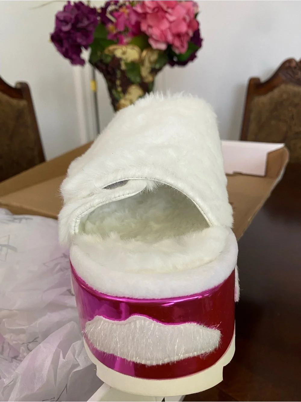 White Faux-Fur Platform Slide with Pink Metallic Cloud Accent